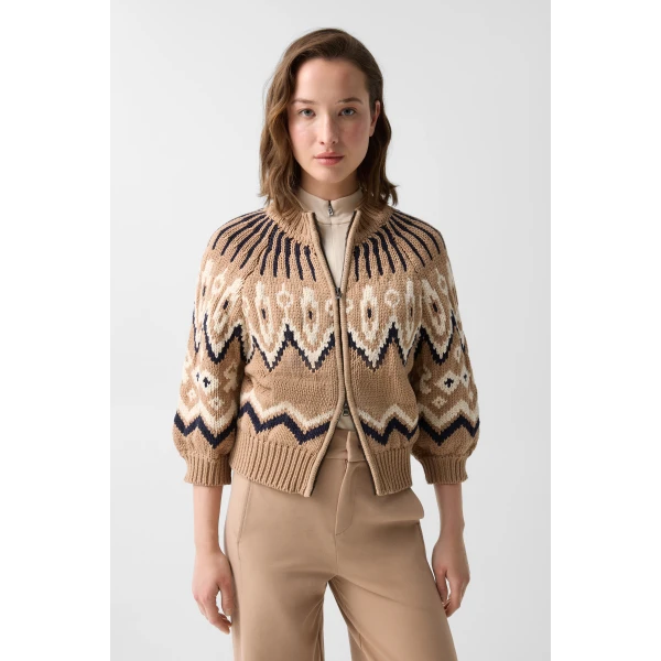 Bogner Aurora Norwegian-Style Knit Jacket in Camel and Black, view 3 | Cardigan | Coveti