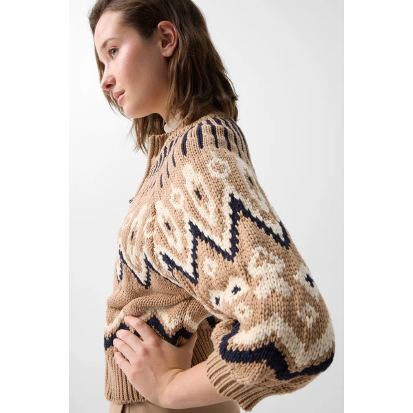 Bogner Aurora Norwegian-Style Knit Jacket in Camel and Black, view 6 | Cardigan | Coveti