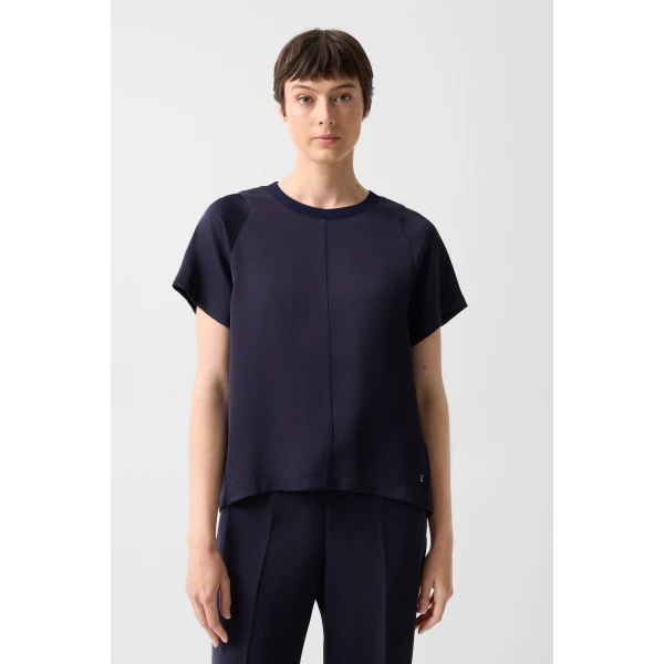 Bogner Dakota Satin Shirt in Navy, view 3 | Short Sleeved | Coveti
