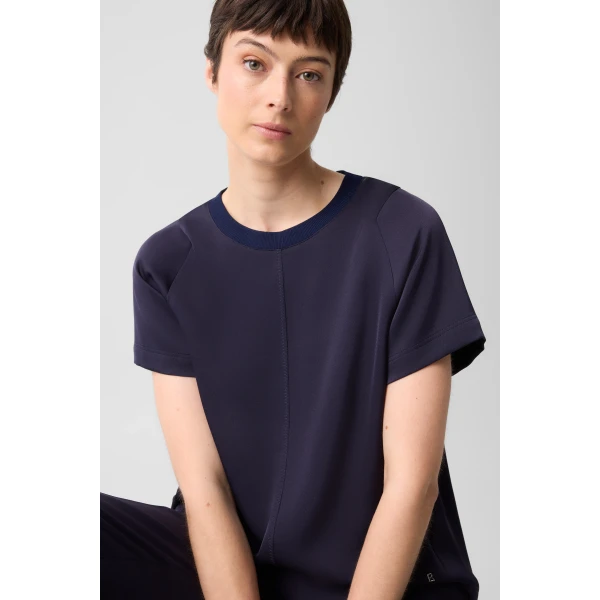 Bogner Dakota Satin Shirt in Navy, view 6 | Short Sleeved | Coveti