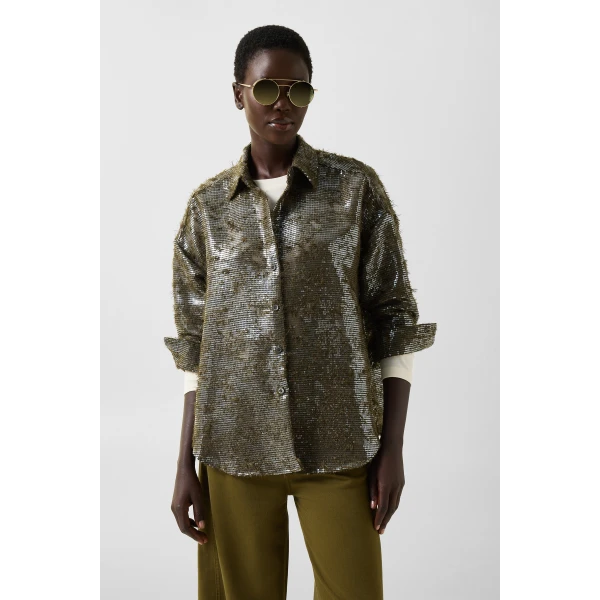 Bogner Florence Sequinned Shirt Blouse in Olive, view 3 | Shirts | Coveti