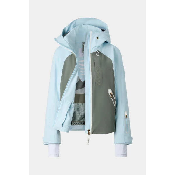 Bogner Hila Ski Jacket in Light Blue and Sage Grey, view 2 | Jackets | Coveti