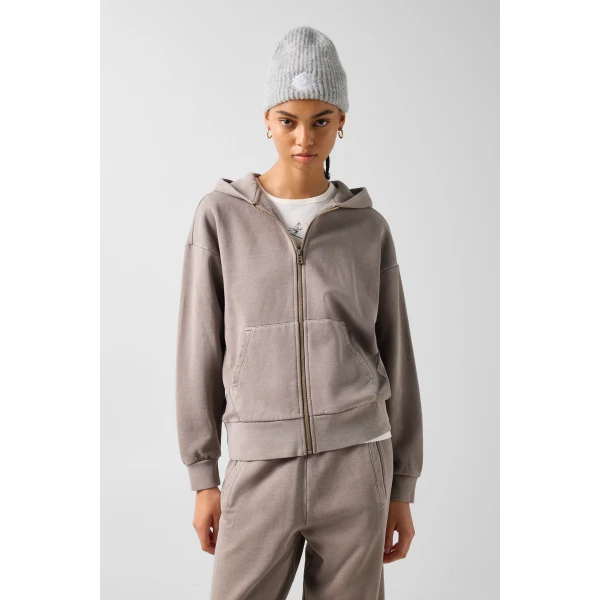 Bogner Ilona Cotton Hoodie Jersey Jacket in Taupe, view 3 | Hoodies | Coveti