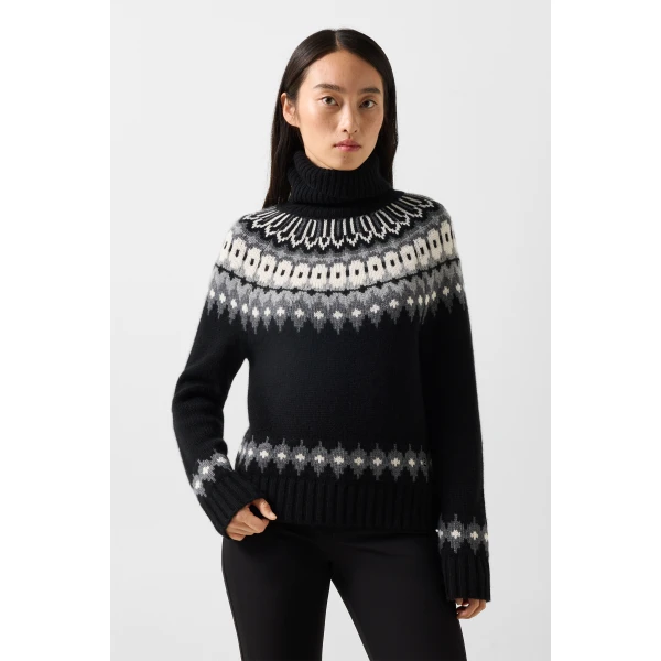 Bogner Ingrid Norwegian-Style Cashmere Jumper in Black, Grey and Off White, view 3 | Sweaters | Coveti