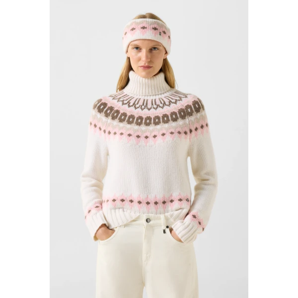 Bogner Ingrid Norwegian-Style Cashmere Jumper in Off White, Pink and Brown, view 3 | Sweaters | Coveti