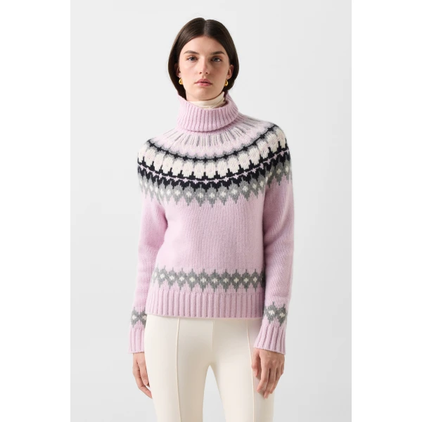 Bogner Ingrid Norwegian-Style Cashmere Jumper in Rose, Grey and Off White, view 3 | Sweaters | Coveti