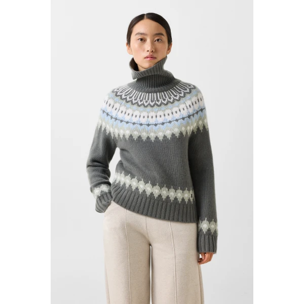 Bogner Ingrid Norwegian-Style Cashmere Jumper in Sage Grey, view 3 | Sweaters | Coveti