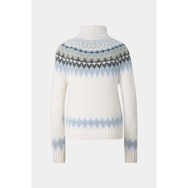 Bogner Ingrid Norwegian-Style Cashmere Jumper in White, Blue and Olive, view 2 | Sweaters | Coveti