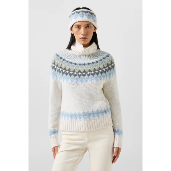 Bogner Ingrid Norwegian-Style Cashmere Jumper in White, Blue and Olive, view 3 | Sweaters | Coveti