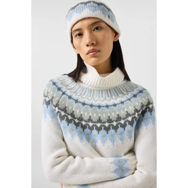 Bogner Ingrid Norwegian-Style Cashmere Jumper in White, Blue and Olive, view 6 | Sweaters | Coveti