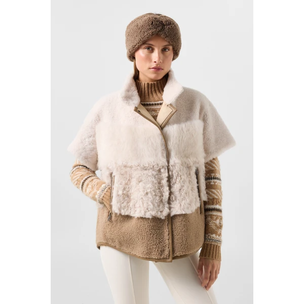 Bogner Lexy Lambskin Jacket in Cream and Brown, view 4 | Shearling Jackets | Coveti