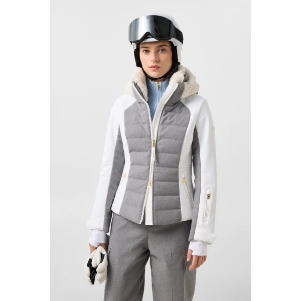 Bogner Linn Down Ski Jacket in Light Grey and Off White, view 4 | Jackets | Coveti