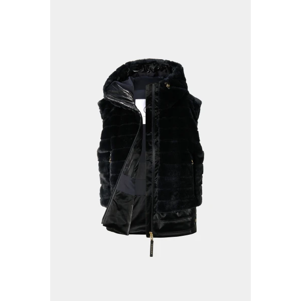 Bogner Manda Faux Fur Down Waistcoat in Black, view 2 | Vests | Coveti