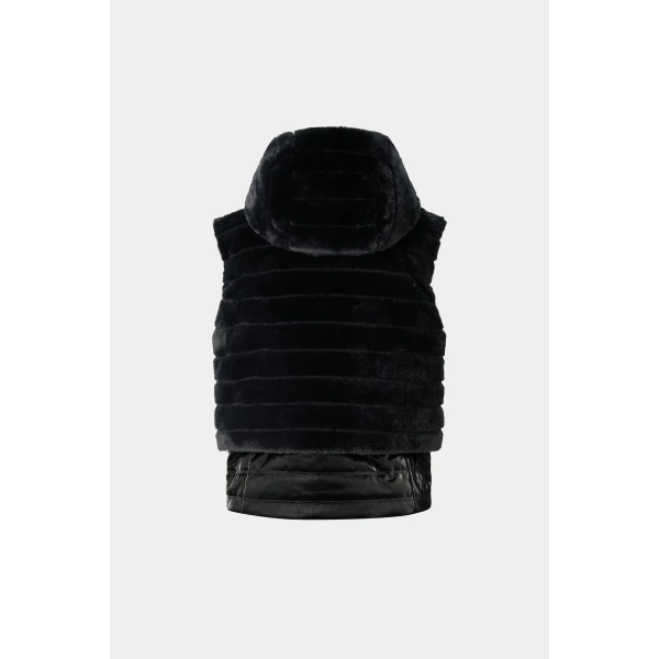 Bogner Manda Faux Fur Down Waistcoat in Black, view 3 | Vests | Coveti
