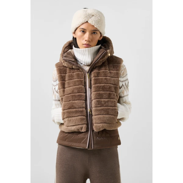 Bogner Manda Faux Fur Down Waistcoat in Hazel, view 4 | Vests | Coveti