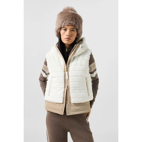 Bogner Manda Faux Fur Down Waistcoat in Off White and Beige, view 4 | Vests | Coveti