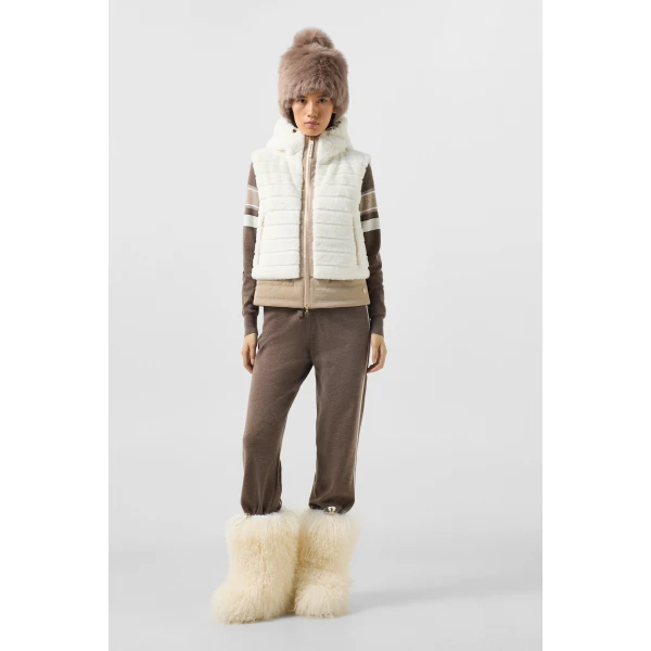 Bogner Manda Faux Fur Down Waistcoat in Off White and Beige, view 6 | Vests | Coveti
