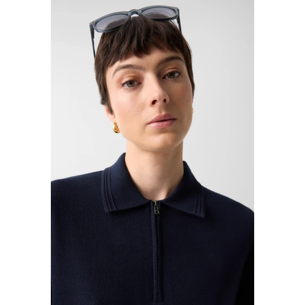 Bogner Maureen Virgin Wool Polo Shirt in Navy, view 6 | Short Sleeved | Coveti