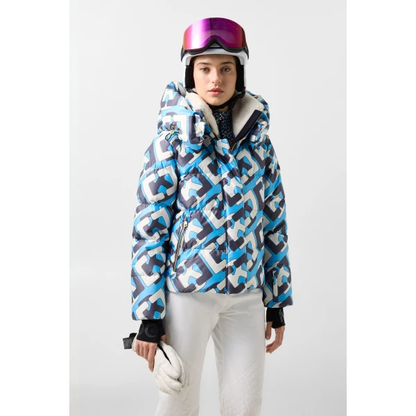 Bogner Naia Down Ski Jacket in Cyan, Navy and White, view 4 | Jackets | Coveti