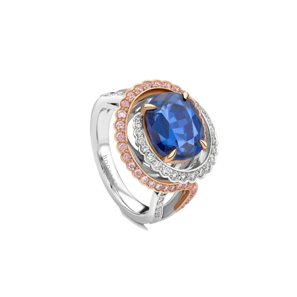 Boodles A Family Journey Monaco Cushion Sapphire and Pink Diamond Ring | Fine Rings | Coveti
