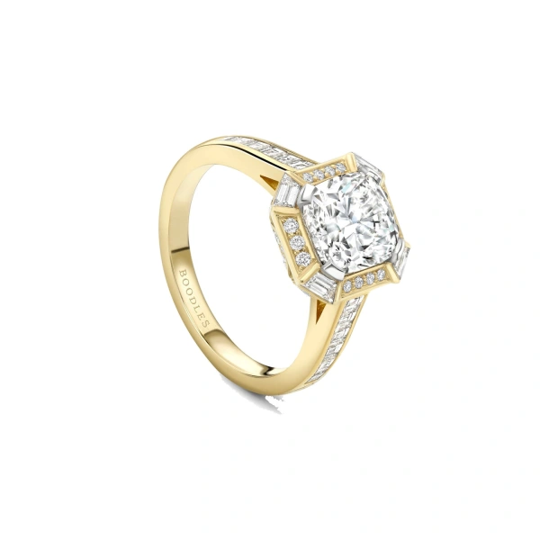 Boodles Art Deco Cushion Diamond Yellow Gold Ring | Fine Rings | Coveti