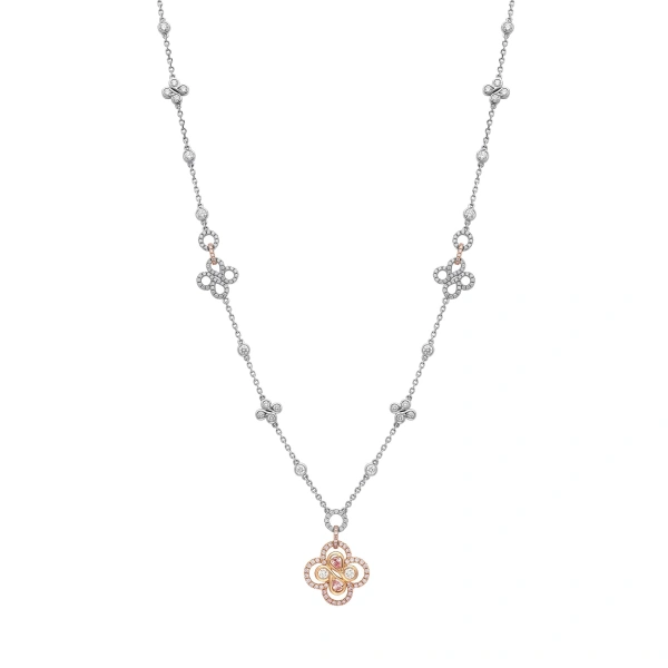 Boodles Be Boodles Long Large Motif Platinum Pink and White Diamond Necklace | Fine Necklaces | Coveti