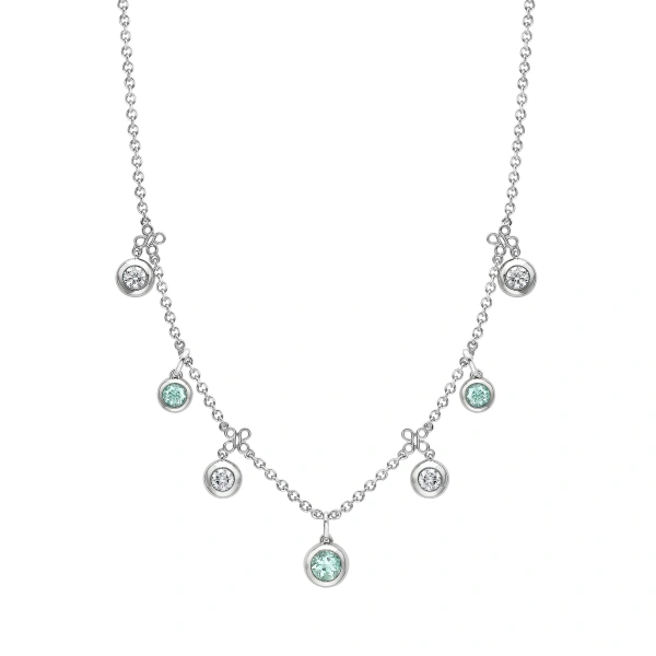 Boodles Beach Seven Stone Platinum Diamond and Paraiba Tourmaline Necklace | Fine Necklaces | Coveti