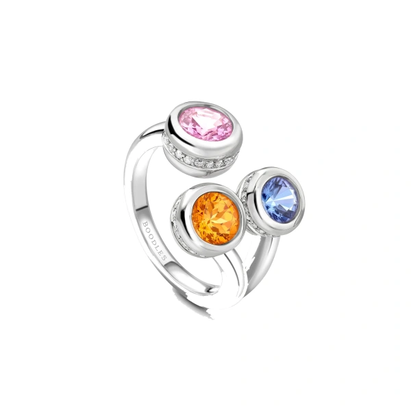 Boodles Beach Three Stone Sapphire Garnet Tanzanite Platinum Ring | Fine Rings | Coveti