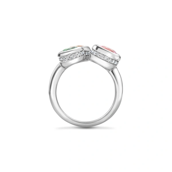 Boodles Beach Three Stone Sapphire Garnet Tsavorite Platinum Ring | Fine Rings | Coveti