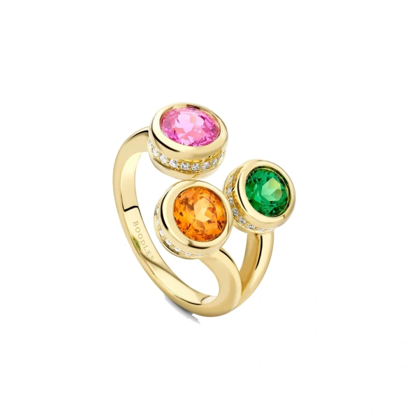 Boodles Beach Three Stone Sapphire Garnet Tsavorite Yellow Gold Ring | Fine Rings | Coveti