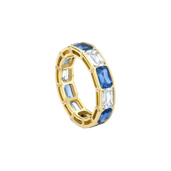 Boodles Classic Ashoka Diamond Sapphire Scalloped Full Hoop Yellow Gold Eternity Ring | Fine Rings | Coveti