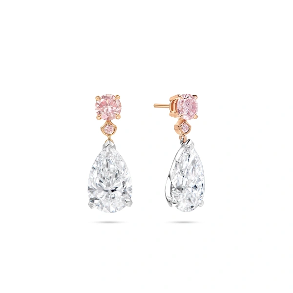 Boodles Classic Brilliant Pink Diamond and Pear Diamond Drop Earrings | Fine Earrings | Coveti