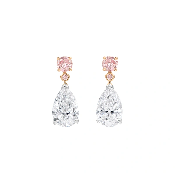 Boodles Classic Brilliant Pink Diamond and Pear Diamond Drop Earrings | Fine Earrings | Coveti