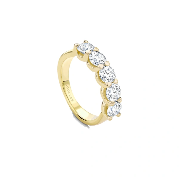 Boodles Classic Five Stone Round Brilliant Diamond Yellow Gold Ring | Fine Rings | Coveti