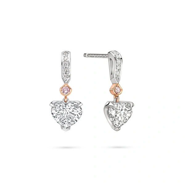 Boodles Classic Heart Diamond and Pink Diamond Platinum Drop Earrings | Fine Earrings | Coveti