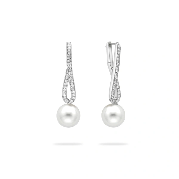 Boodles Classic Long Loop Diamond and Pearl Platinum Earrings | Fine Earrings | Coveti
