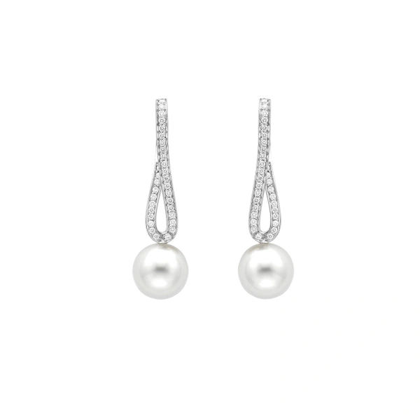 Classic Long Loop Diamond and Pearl Platinum Earrings