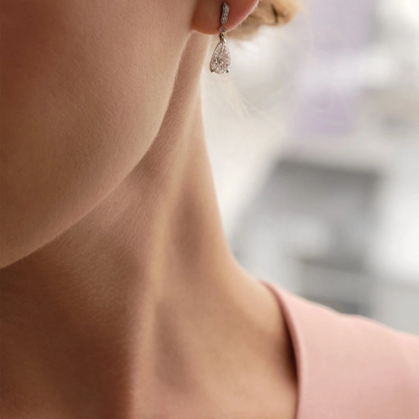 Boodles Classic Pear Diamond and Pink Diamond Drop Earrings | Fine Earrings | Coveti