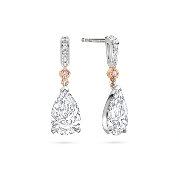 Boodles Classic Pear Diamond and Pink Diamond Drop Earrings | Fine Earrings | Coveti