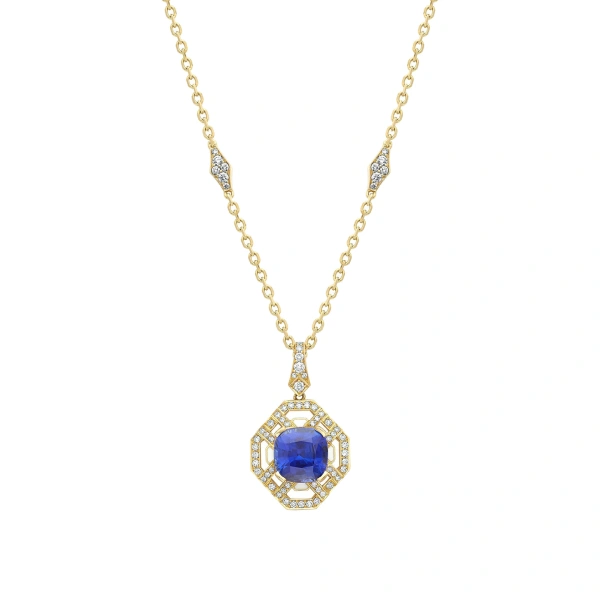 Boodles Fifth Avenue Cushion Sapphire Yellow Gold Pendant | Fine Necklaces | Coveti