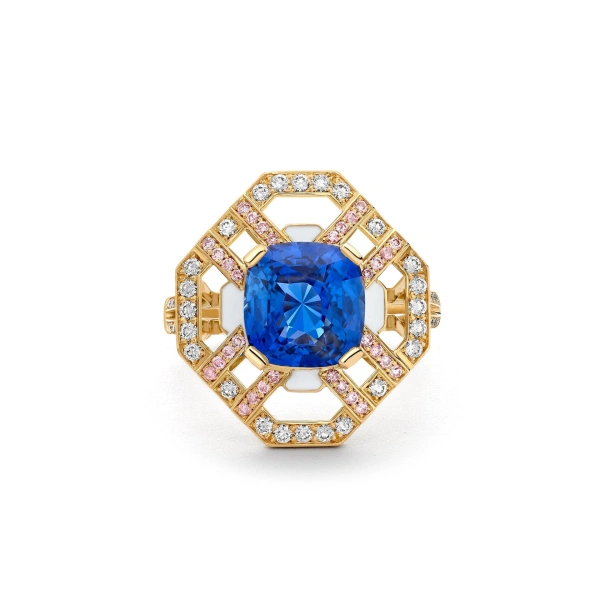 Boodles Fifth Avenue Cushion Sapphire and Pink Diamond Yellow Gold Ring | Fine Rings | Coveti