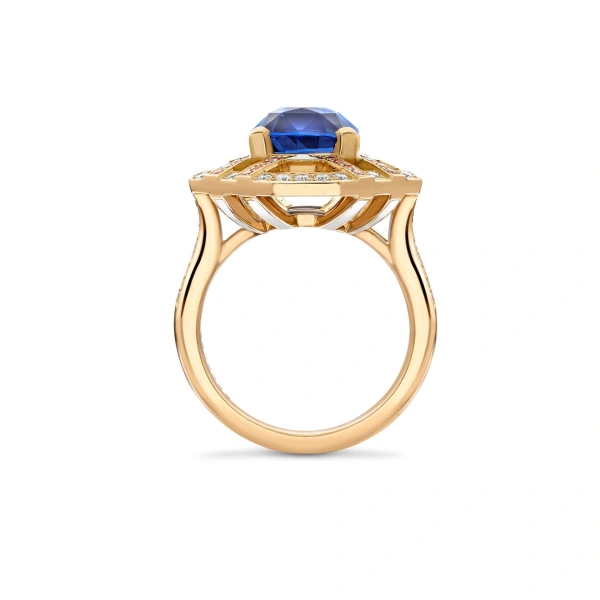 Boodles Fifth Avenue Cushion Sapphire and Pink Diamond Yellow Gold Ring | Fine Rings | Coveti