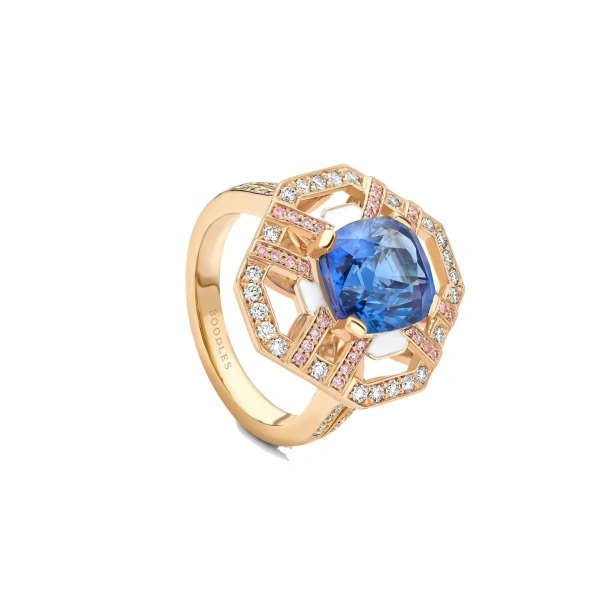 Boodles Fifth Avenue Cushion Sapphire and Pink Diamond Yellow Gold Ring | Fine Rings | Coveti
