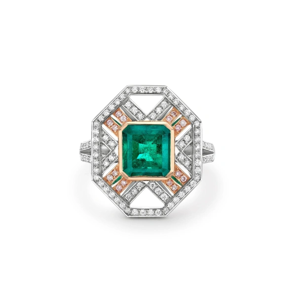 Boodles Fifth Avenue Emerald Platinum and Rose Gold Ring | Fine Rings | Coveti