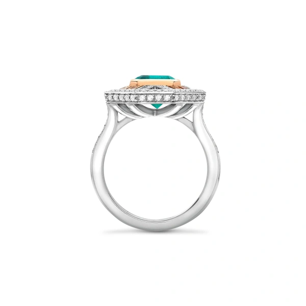 Boodles Fifth Avenue Emerald Platinum and Rose Gold Ring | Fine Rings | Coveti