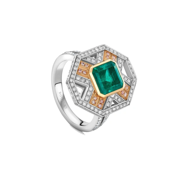 Boodles Fifth Avenue Emerald Platinum and Rose Gold Ring | Fine Rings | Coveti