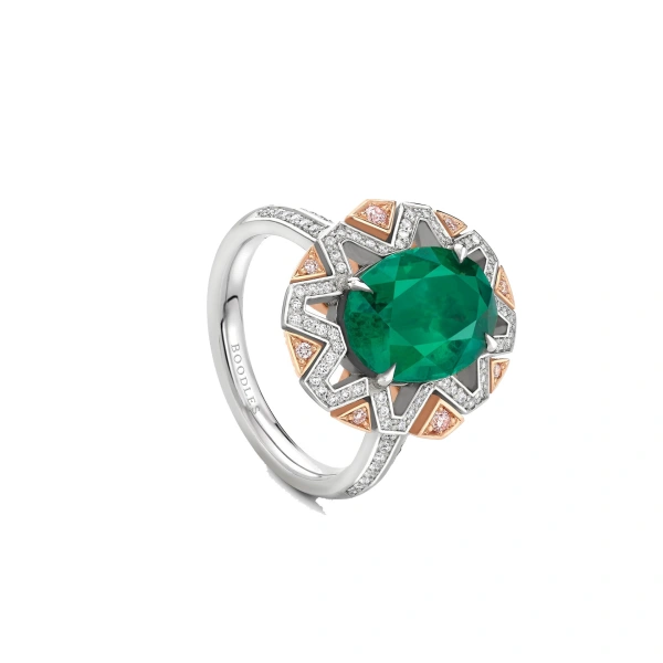 Boodles Fifth Avenue Oval Emerald Platinum and Rose Gold Ring | Fine Rings | Coveti
