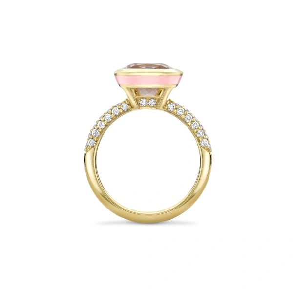 Boodles Florentine Dolce Vita Cushion Morganite Yellow Gold Ring | Fine Rings | Coveti