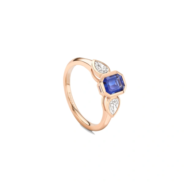 Boodles Florentine Emerald Cut Sapphire Rose Gold Ring | Fine Rings | Coveti