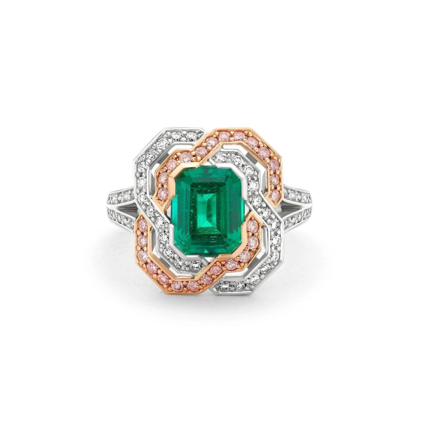 Boodles Pavilion Emerald and Pink Diamond Platinum Ring | Fine Rings | Coveti